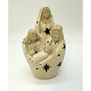Pierced Ceramic Clay Art Holy Family Distressed Tealight Candle Holder Nativity